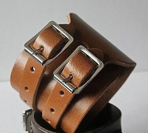 Leather Two Strap Wrist Band Brace Support - Gym Weight Lifting Wrap - Various Colours (Tan)